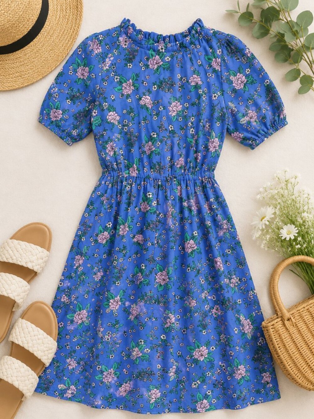 J.Crew Blue Floral Open Back Tie Mini Dress Size 10 Cotton Puff Sleeve